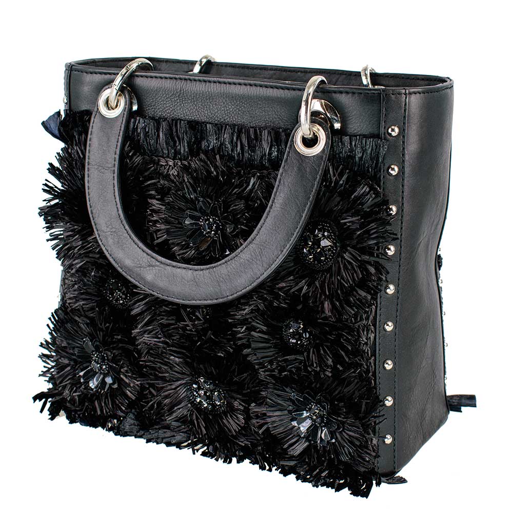 Black Leather Raffia Flowers Tote 'One of a Kind'