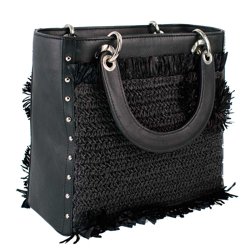 Black Leather Raffia Flowers Tote 'One of a Kind'