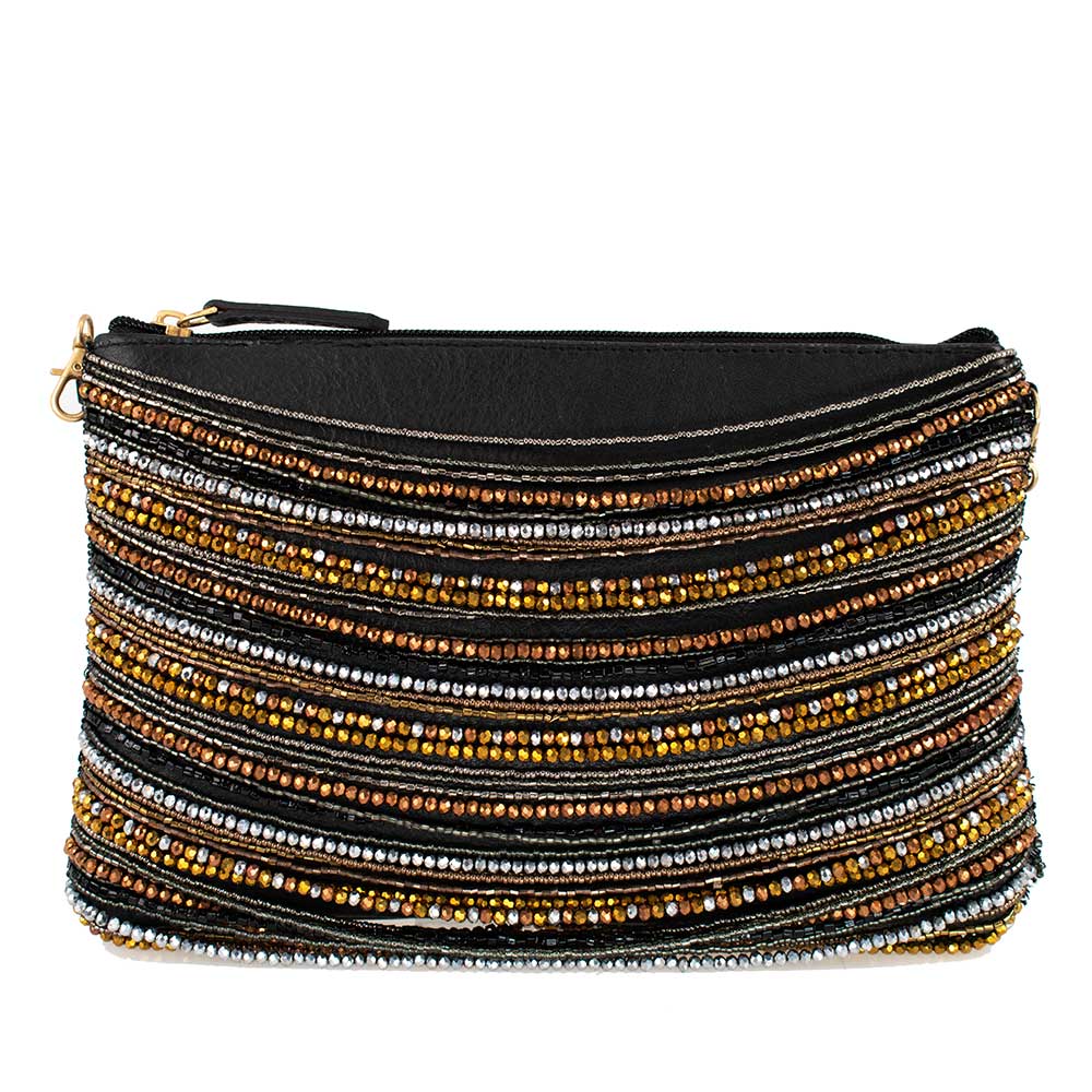 Metallic Strands Beaded Leather Crossbody 'One of a Kind'