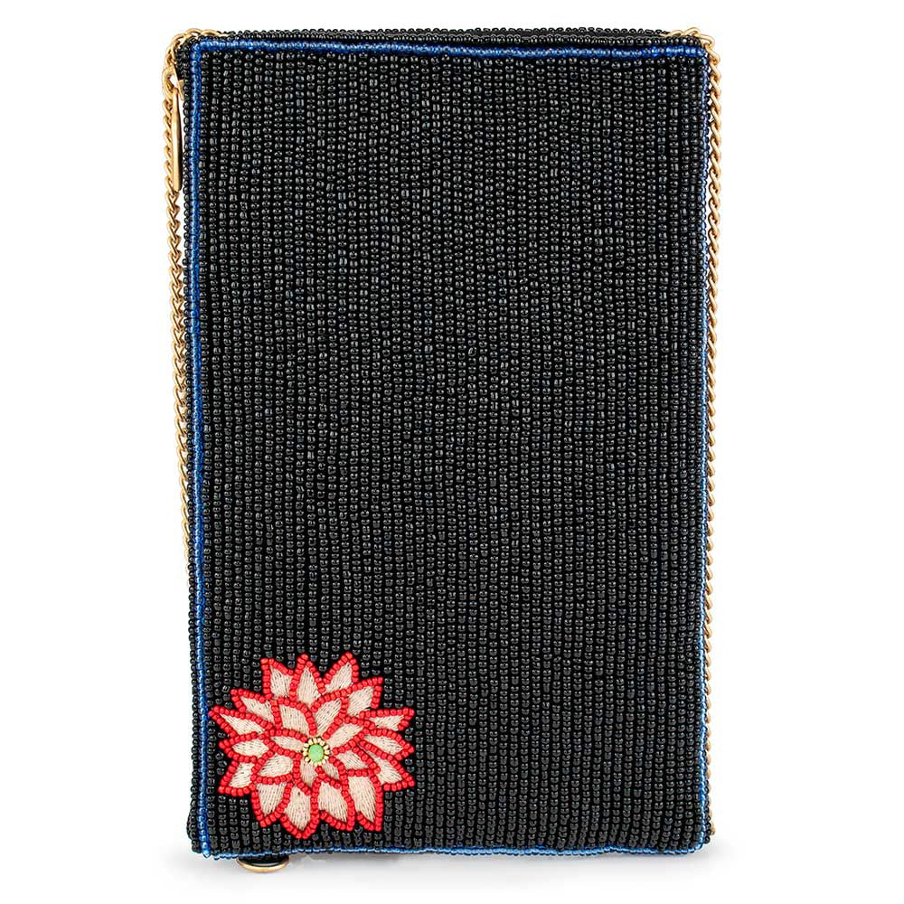 Beaded black clutch purse with a red and white flower design in the corner.