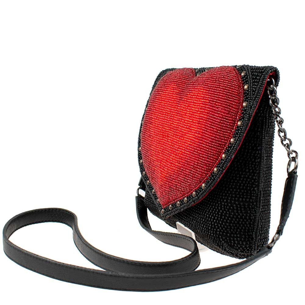 Mary Frances Big Heart Beaded Crossbody Clutch Handbag, Black