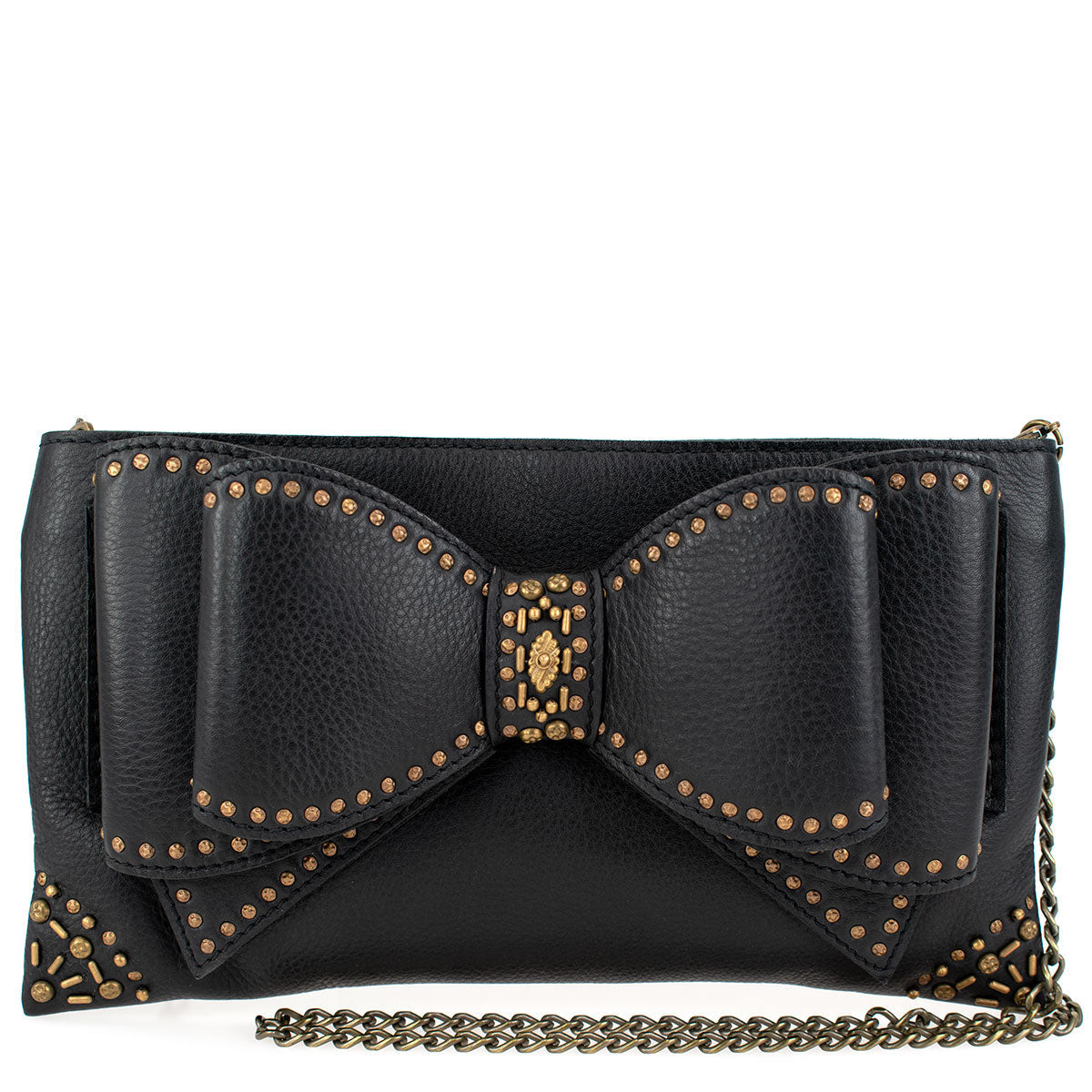 Black leather clutch purse with a decorative studded bow design.