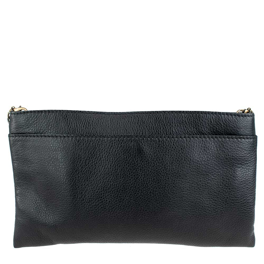 Black leather clutch bag with a zipper closure and front pocket.