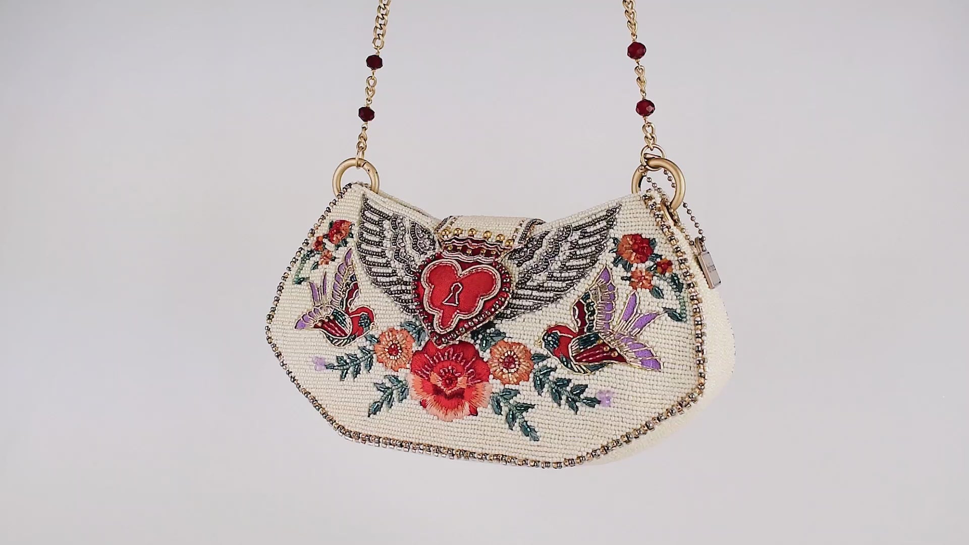 Keepsake Beaded Sparrows, Flowers & Heart Locket Crossbody Handbag Video