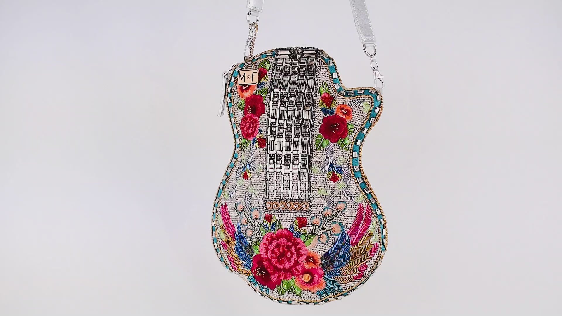 Metallic Melody Beaded Floral Guitar Crossbody Handbag Purse Video