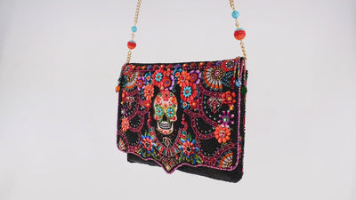 Fiesta Flair Beaded Skull & Flowers Crossbody Clutch Handbag Purse video